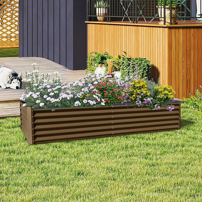 Domi 8x4x1.5ft Metal Raised Garden Beds Outdoor, Thickened Galvanized Steel Deep Root Planter Box with Stabilizing Bars & Rubber Edging for Vegetables, Flowers, Herbs - Brown