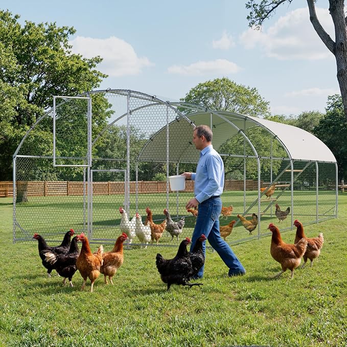 Large Chicken Coop,10x26x6.5FT Metal Chicken Run for Yard with Feeding Door, Round Top Walk-in Chicken Pen,Outdoor Poultry Cage with Anti-UV Cover,Rabbit Duck House