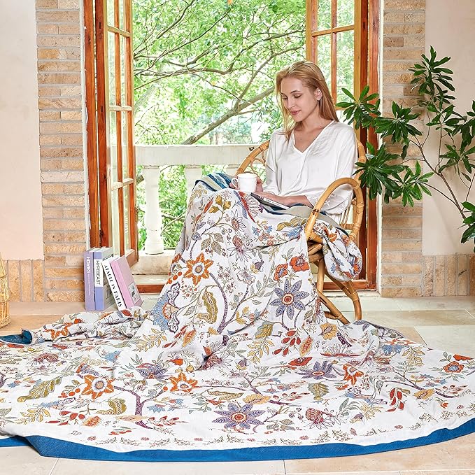 Boho Throw Blanket, 100% Organic Cotton Breathable Skin-Friendly Ultra Soft Bed Quilt Throw - All Season Floral Farmhouse Décor Luxury Blanket for Sofa Couch Chair and Gift. 80" x 90"