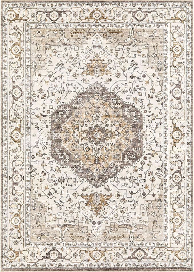 Area Rug for Living Room - 10x14 Soft Washable Oriental Vintage Floral Distressed Large Carpet - Fade Stain Resistant Non Slip Rugs for Bedroom Dining Room Nursery Dorm Office Home Decor-Camel/Beige