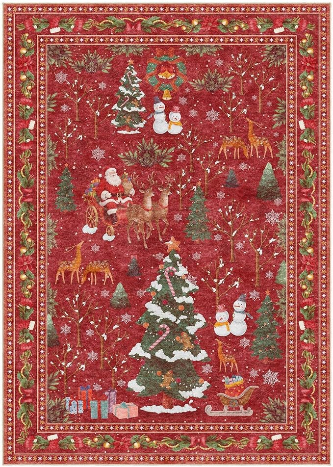 Christmas Area Rug Living Room Rugs: 5x7 Neutral Modern Washable Festive Soft Thin Non-Slip Indoor Carpet for Bedroom Dining Table and Home Office Holiday Decor - Red