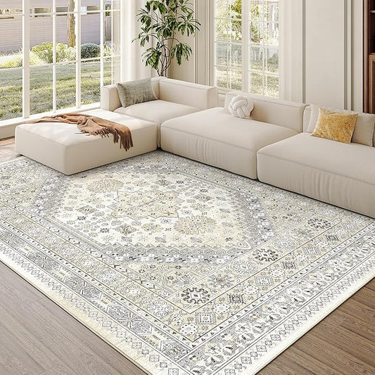 zesthome 6x9 Area Rug, Super Soft Washable Rugs for Living Room, Non-Slip Stain Resistant Vintage Rugs, Ultra-Thin Large Area Rugs (Beige,6'x9')