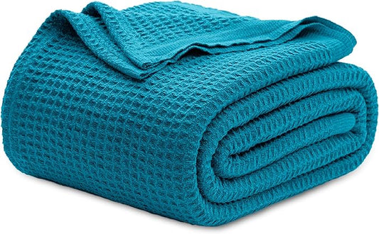 Bedsure Gentlesoft 100% Cotton Blanket Queen Size for Bed - Breathable and Soft, Thick Cozy Waffle Weave Christmas Blanket Gift for Women, Teal, 90x90 Inches