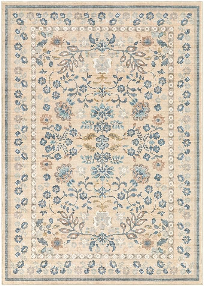10x12 Area Rug Living Room Rugs - Washable Boho Vintage Floral Large Soft Non Slip Thin Rug Low Pile Carpet for Bedroom Dining Room Kids Playroom Office Decor Indoor- Multi Color