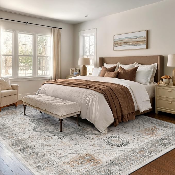 Rugland 8x10 Area Rugs - Stain Resistant Washable Rug, Anti Slip Rugs for Living Room, Vintage Tribal Area Rugs(Medallion 01-Taupe/Grey, 8'x10')
