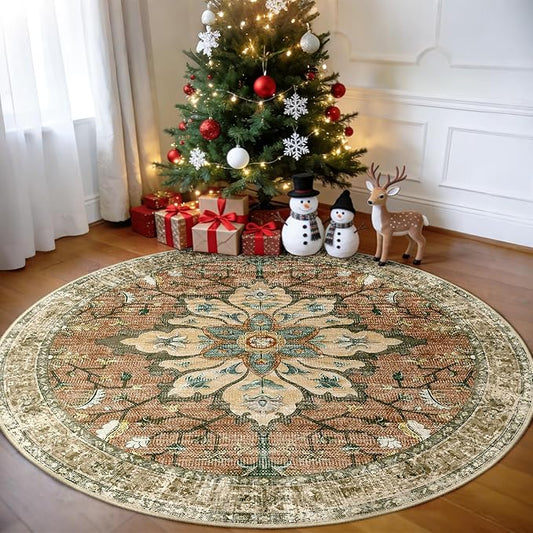 Area Rugs 6ft Washable Non-Slip, Floral Vintage Distress Print Pattern Medallion Carpet for Living Room Bedroom Dining Room, Brick Red Rust Neutral Brown Burnt Orange