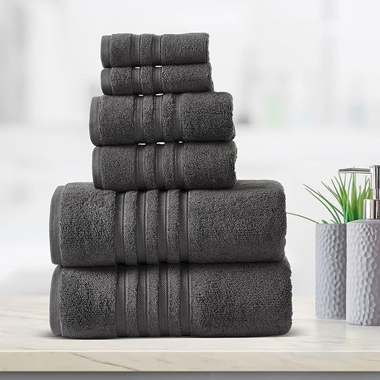 ESSELL 24/7 Luxury 6 Piece Towel Set, 700 GSM 100% Cotton 2 Bath Towels 2 Hand Towel 2 Washcloths, Ultra Soft & Lightweight, Highly Absorbent Towels for Spa, Hotel & Bathroom - Charcoal Towel Set