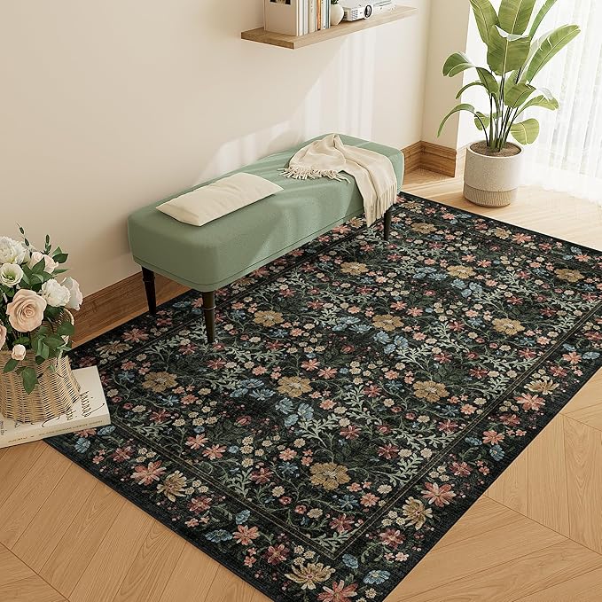 DUKINO 4x6 Rugs for Living Room, Lightweight Non Slip Washable Rug with Low Pile Design, Vintage Floral Non-Shedding Soft Carpet for Living Room, Bedroom, Farmhouse, Office, Bathroom, Black