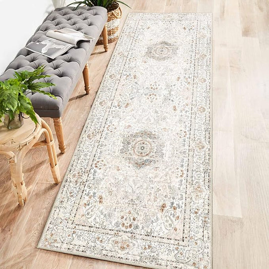 Washable Runner Rug 2x6,Boho Rug Runners Non Slip,Long Rugs for Hallways Kitchen Bedroom Entryway Living Room Bathroom,Vintage Bohemian Distressed Floor Carpet,Beige