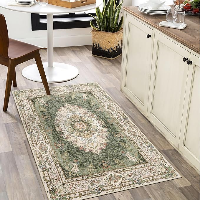 Small Rugs 2x3,Green Rug for Entryway Bathroom Bedroom Kitchen Entrance Doormat,Boho Vintage Bohemian Distressed Washable Accent Floor Throw Carpet Non Slip,Floral