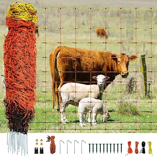 Electric Fence Netting 48"H x 164'L, Electric Netting with Posts and Double-Spiked Stakes, Portable Livestock Nets for Backyards, Homesteads, Gardens, Farms, and Ranches