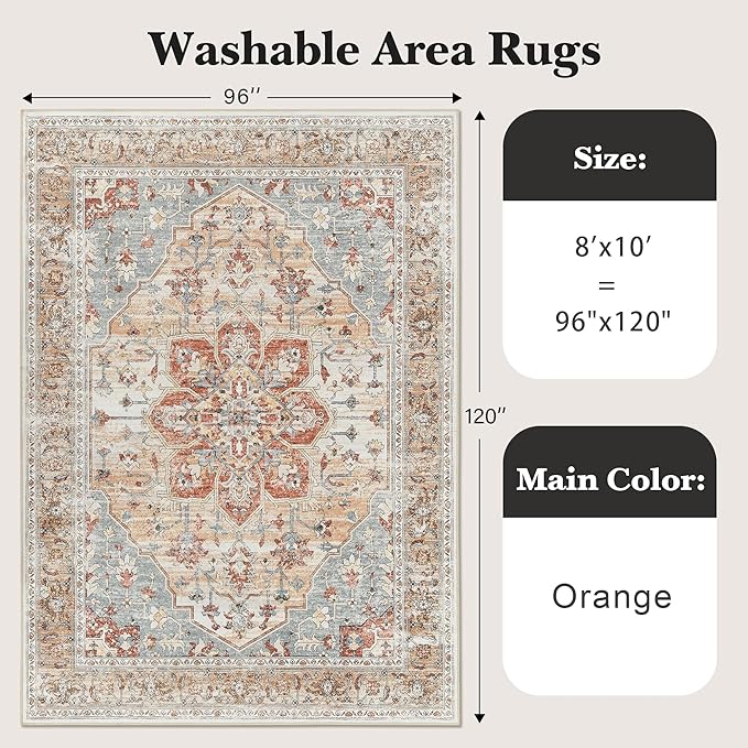 Rugland 8x10 Area Rugs - Stain Resistant Washable Rug, Anti Slip Backing Rugs for Living Room, Vintage Tribal Area Rugs (TPR11-Orange, 8'x10')