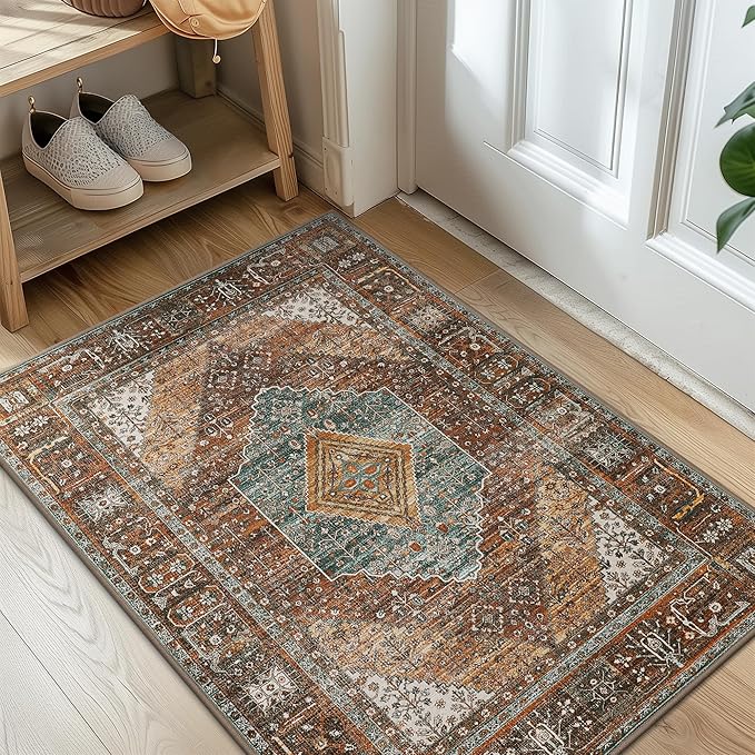 GENIMO Area Rug 2x3 Indoor Machine Washable Doormat, Low Pile Vintage Rugs, Small Retro Lightweight Entryway Mat for Entrance, Hallway, Kitchen and Corridor, Vintage Brown/Blue