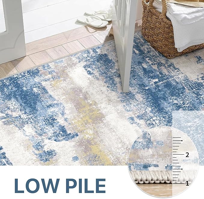 GENIMO Runner Rug 2x7 Non Slip Machine Washable Hallway Runner Rug, Low Pile Lightweight Rugs for Entryway, Hallway, Kitchen and Corridor, Blue Cream