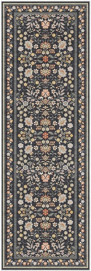 Runner Rug for Hallways Kitchen: 2x6 Washable Area Rug Boho Floral Soft Long Rug - Non-Slip Low Pile Throw Indoor Carpet for Entryway Kitchen Bedroom Laundry Bathroom - Black Grey
