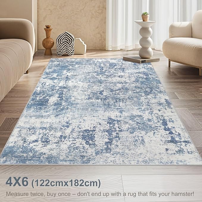 4x6 Area Rug Living Room Rugs - Washable Neutral Modern Abstract Soft Thin Rug Indoor Floor No Slip Rug Carpet for Bedroom Under Dining Table Home Office Decor - Blue White