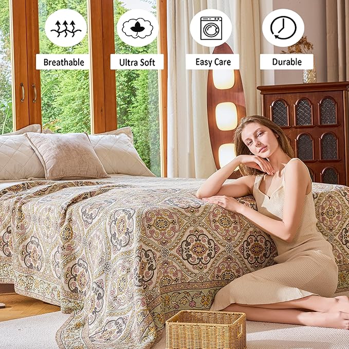Boho Throw Blanket 80" x 90", 100% Organic Cotton Breathable Skin-Friendly Ultra Soft Bed Quilt Throw - Floral Rustic Decor Luxury Reversible Blanket for Sofa Couch Chair and Gift,