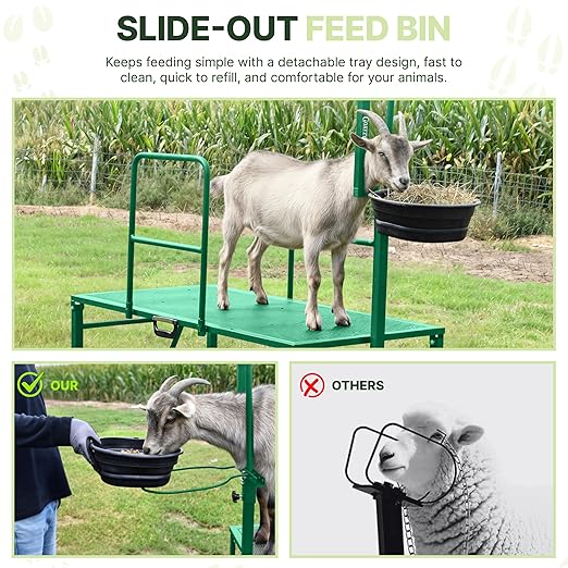 Goat Stand with Adjustable Headpiece & Legs, Goat Milking Stand with Feeder, Rails & Wheels, Stanchion for Grooming & Hoof Trimming, Sheep Stand for Shearing Heavy-Duty Steel Platform, Green
