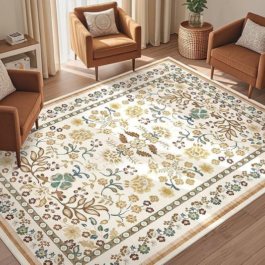 5x8 Area Rug Living Room Rugs - Washable Boho Vintage Floral Large Soft Non Slip Thin Rug Low Pile Carpet for Bedroom Dining Room Kids Playroom Office Decor Indoor- Brown