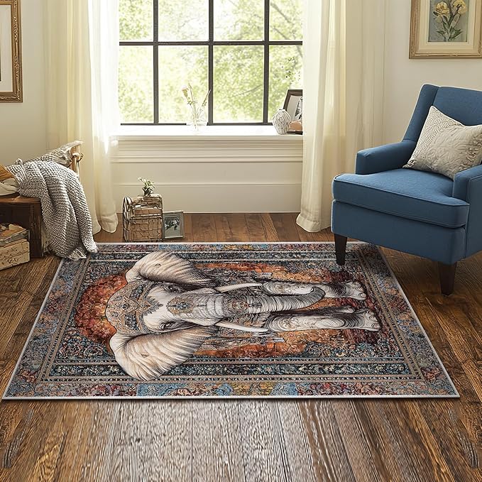 3x5 Elephant Area Rugs Boho Elephant Rug for Bathroom Kitchen Entryway Indoor Soft Non-Slip Thin Hippie Carpet Vintage Small Brown Doormat for Office Dining Room Under Table Washable Machine