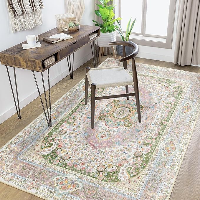 Pink Rug 4'x6.5',Washable Area Rugs for Bedroom Living Room Kitchen Entryway,Small Boho Vintage Bohemian Distressed Non Slip Carpet,Blush Green
