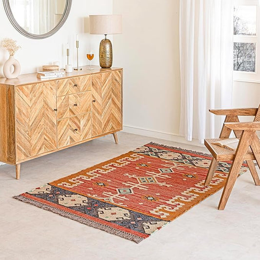 Jute Traditional Kilim Rug Boho Flatweave Area Rug for Living Room, Living Room Entryway, Tribal Series, 6'x9'
