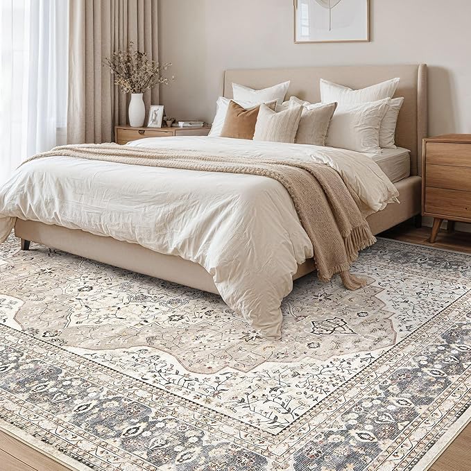 Washable Rug for Living Room - 7x9 Non-Slip Soft Vintage Floral Area Rug for Family Kids & Pet, Stain Resistant Carpet for High Traffic Bedroom Dining Room Teen Dorm Home Decor Aesthetic (Camel)