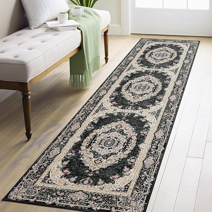 Washable Runner Rug 2x8,Black Rug Runners Non Slip,Long Boho Rugs for Hallways Kitchen Bedroom Entryway Living Room Bathroom,Vintage Bohemian Distressed Floor Carpet,Floral