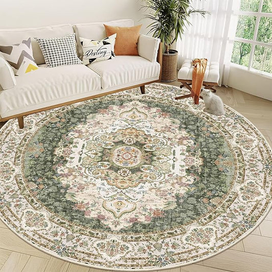 Green Round Rug 9ft,Large Circle Area Rugs for Bedroom Living Room Dining Room,Washable Boho Vintage Bohemian Distressed Oriental Carpet Non Slip,Sage Floral