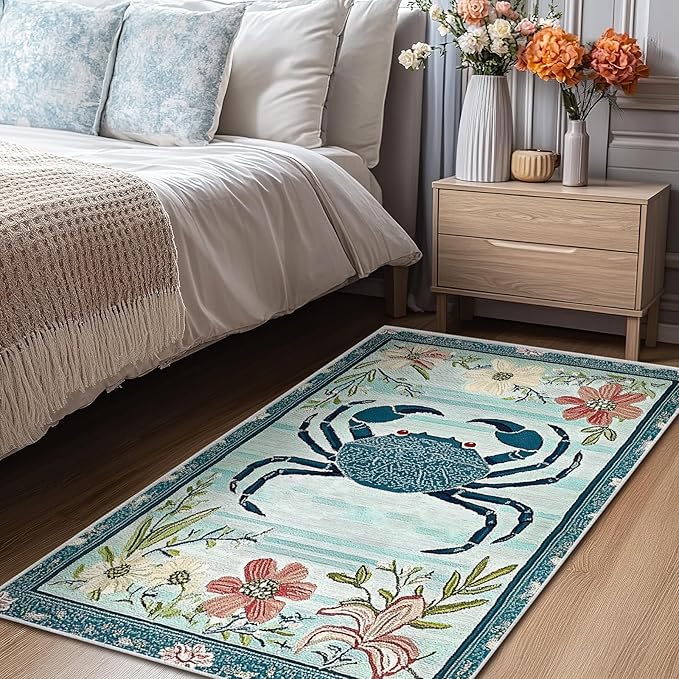 3x5 Crab Area Rugs Boho Teal Rug for Bathroom Kitchen Entryway Indoor Soft Non-Slip Thin Hippie Carpet Small Floral Doormat for Office Dining Room Home Decor Under Table Washable Machine