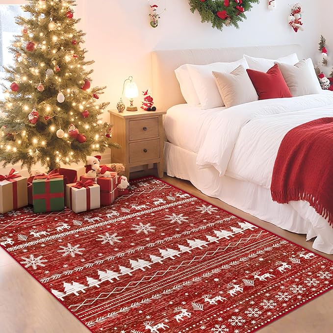 Christmas 4x6 Rug for Living Room: Washable Moroccan Geometric Rug Boho Non Slip Stain Resistant Rugs Low Pile Soft Carpet for Xmas Holiday Decor Kitchen Laundry Room Bedroom (Xmas Red,4'x6')