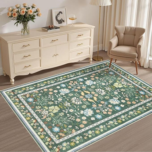 4x6 Area Rug Living Room Rugs - Washable Boho Vintage Floral Large Soft Non Slip Thin Rug Low Pile Carpet for Bedroom Dining Room Kids Playroom Office Decor Indoor- Green