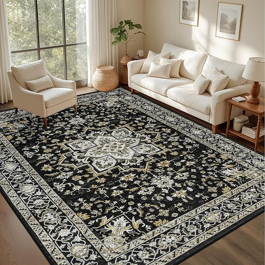 5x7 Area Rugs Living Room Rug: Washable Vintage Boho Medallion Rug No Slip Stain Resistant Soft Carpet Indoor Large Carpets for Bedroom Dining Room Farmhouse Nursery Hallway Home Office Black Gold