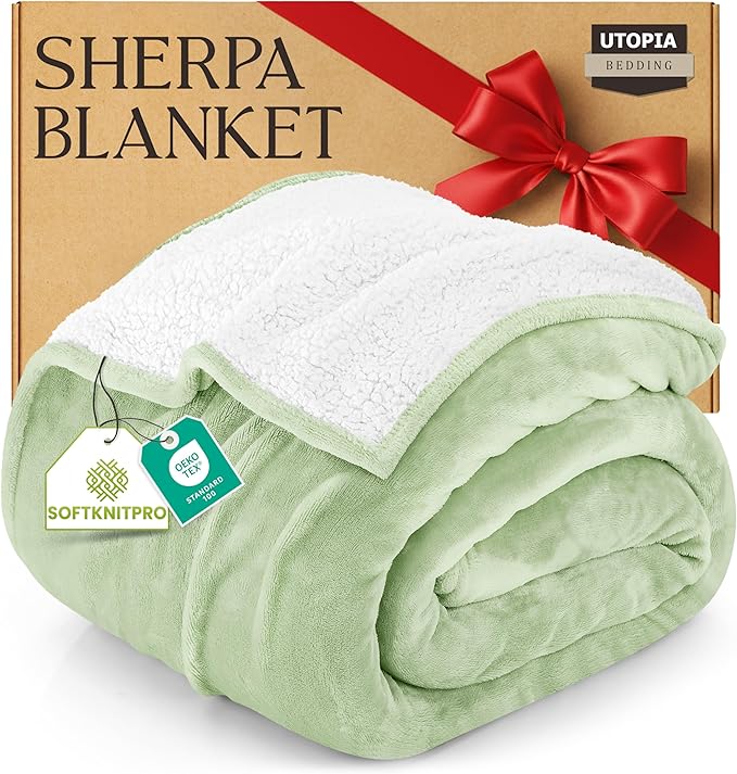Utopia Bedding Sherpa Blanket Queen Size (Sage Green, 90x90 Inches) - Soft Lightweight Plush Fleece Reversible Blanket for Bed, Sofa, Couch, Camping and Travel