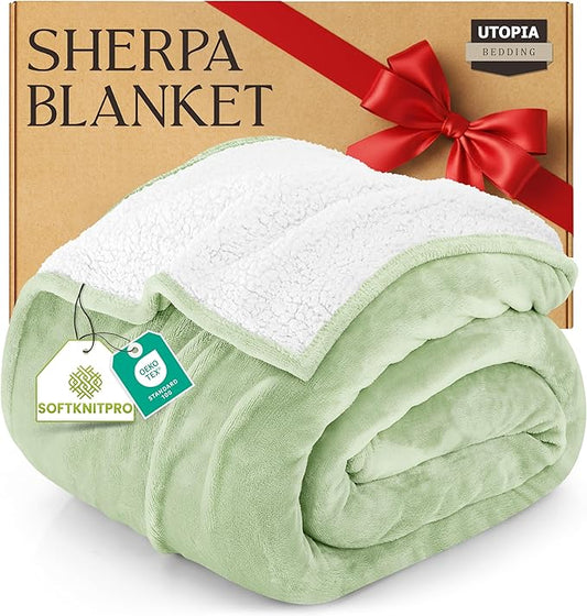 Utopia Bedding Sherpa Blanket California King Size (Sage Green, 102x96 Inches) - Soft Lightweight Plush Fleece Reversible Blanket for Bed, Sofa, Couch, Camping and Travel