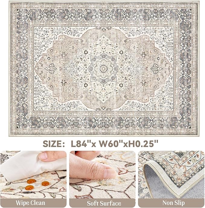 Washable Rug 5x7 Area Rugs for Living Room Bedroom Dining Room Home Office Floor Decor -Stain & Fade Resistant Non Slip Backing Carpet,Ultra-Thin Vintage Large Carpets (Camel/Beige,5'x7')