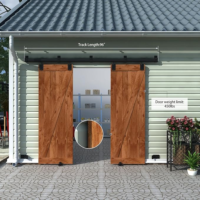 8FT Black Box Rail Exterior Barn Door Hardware Track Kit for 2 Doors, Heavy Duty Barn Door Track Set, Wall Mount Outdoor Weatherproof Double Door Hardware with 5 Track Brackets(No Doors