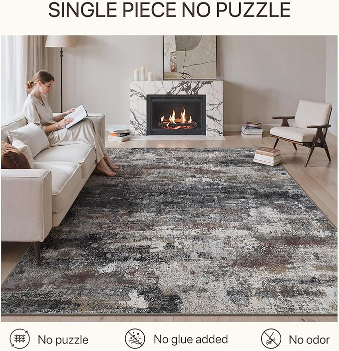 GENIMO 6x9 Area Rugs for Living Room, Modern Abstract Low Pile Rug with Non-Slip Pad, Crease-Resistant Soft Floor Carpet, Single-Piece Rugs for Bedroom, Dining Room, Office, Dark Gray Brown