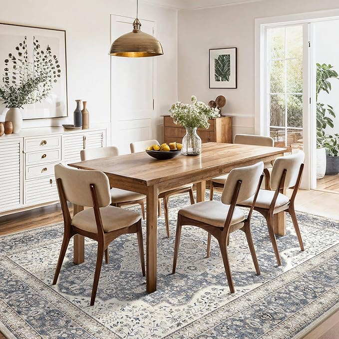 Washable Rug for Living Room - 7x9 Non-Slip Soft Vintage Floral Area Rug for Family Kids & Pet, Stain Resistant Carpet for High Traffic Bedroom Dining Room Teen Dorm Home Decor Aesthetic (Blue/Beige)