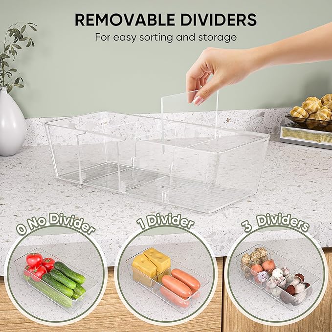 BALEINE Pantry Organizers and Storage Bins, Plastic Clear Storage Bins with 3 Removable Dividers, BPA-Free Fridge Organizers for Kitchen Cabinet Bathroom (10.5x6.1x3.5, 4PK)