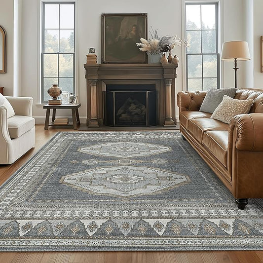 GENIMO Machine Washable 9x12 Area Rugs for Living Room, Non Slip Vintage Rugs, Low Pile Lightweight Chenille Print Rug for Bedroom, Dining Room, Home Office, Gray/Beige