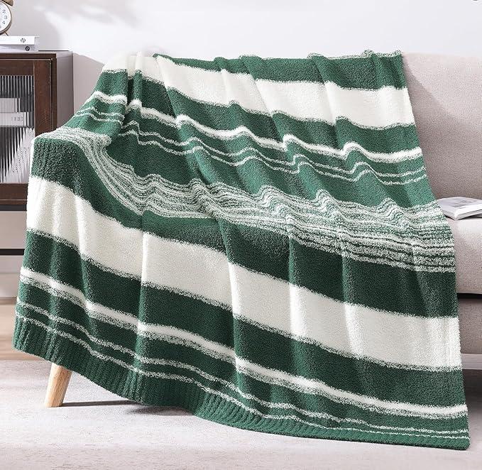 WRENGONGE Dark Green Throw Blanket, 50x70 Soft Cozy Striped Throw Blankets for Couch, Sofa, Bed, Travel, Lightweight Fluffy Warm Plush Decorative Blankets for Women, Men,Kids Gift