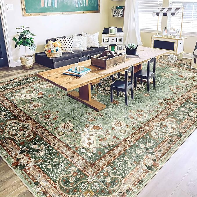 9x12 Area Rugs Washable,Green Rug for Living Room Bedroom Dining Room,Large Boho Vintage Bohemian Distressed Oriental Carpet Non Slip