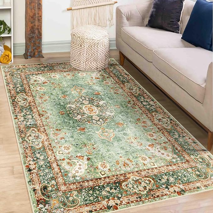 Green Rug 3x5,Washable Area Rugs for Bedroom Living Room Kitchen Entryway,Small Boho Vintage Bohemian Distressed Oriental Non Slip Carpet