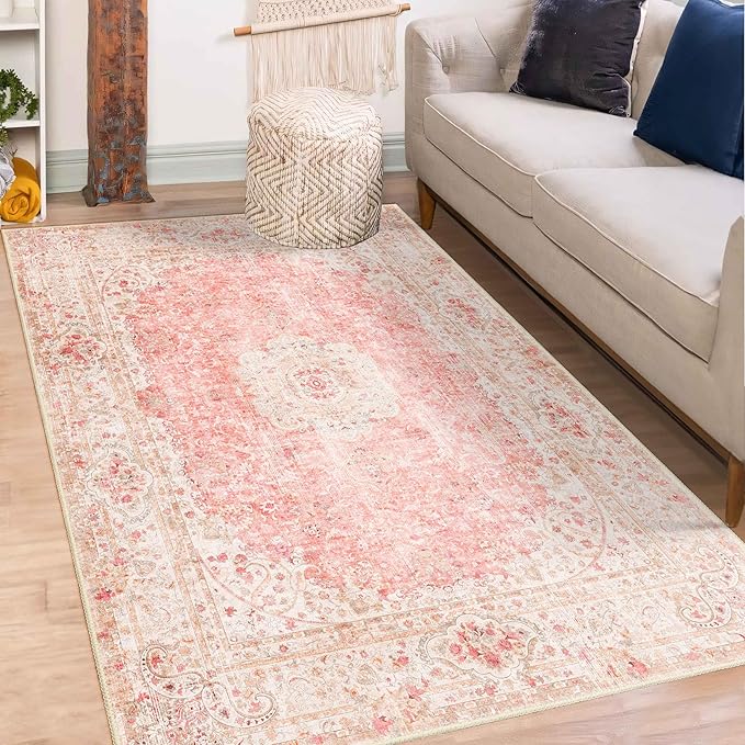 Pink Rug 3x5,Washable Area Rugs for Bedroom Living Room Kitchen Entryway,Small Boho Vintage Bohemian Distressed Non Slip Carpet,Blush