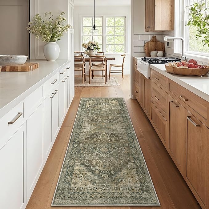 GENIMO 2x5 Washable Runner Rug for Hallway, Vintage Non Slip Low Pile Carpet, Soft Lightweight Printed Rug for Entryway, Kitchen, Corridor & Home Office, Green Khaki