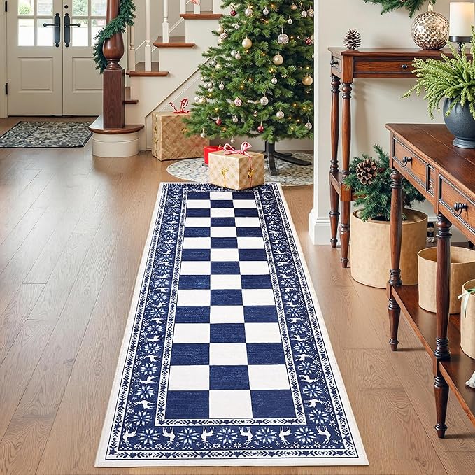 GarveeHome Blue 2x6 Runner Rug, Washable Rug for Christmas Decor, Indoor Non Slip Carpet, Checkered Soft Low Pile Christmas Rugs for Kitchen, Entryway, Living Room, Bedroom