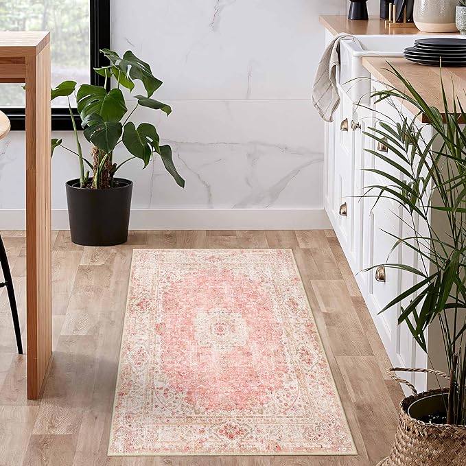 Small Rugs 2x3,Pink Rug for Entryway Bathroom Bedroom Kitchen Entrance Doormat,Boho Vintage Bohemian Distressed Washable Accent Floor Throw Carpet Non Slip,Blush