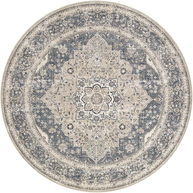 Washable 5 Ft Round Area Rug - 5x5 Area Rugs for Living Room Bedroom Dining Room Home Office Floor Decor- Vintage Floral Stain & Fade Resistant Non-Slip Backing Carpet(Blue/Beige)