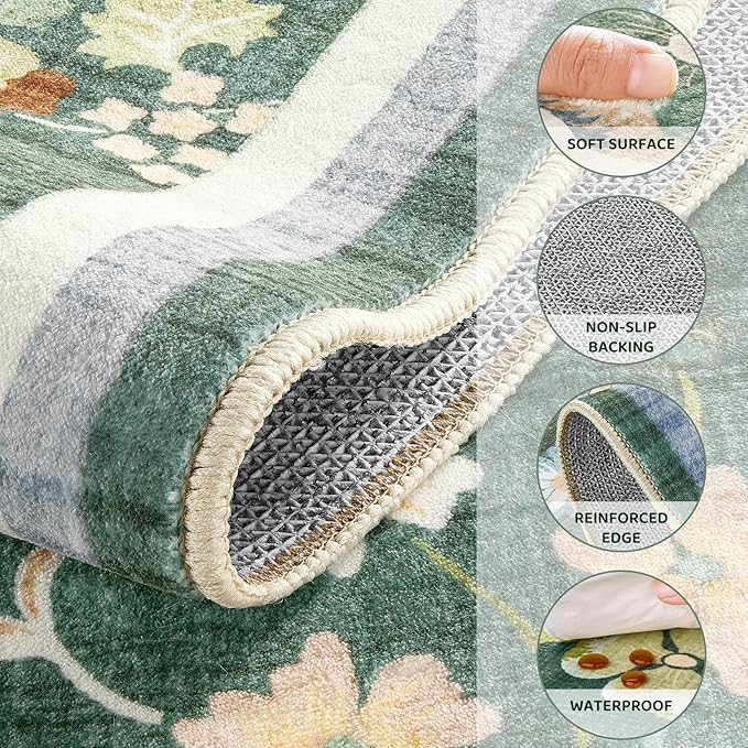 Runner Rug for Hallways Kitchen: 2x8 Washable Area Rug Boho Floral Soft Long Rug - Non-Slip Low Pile Throw Indoor Carpet for Entryway Kitchen Bedroom Laundry Bathroom - Green